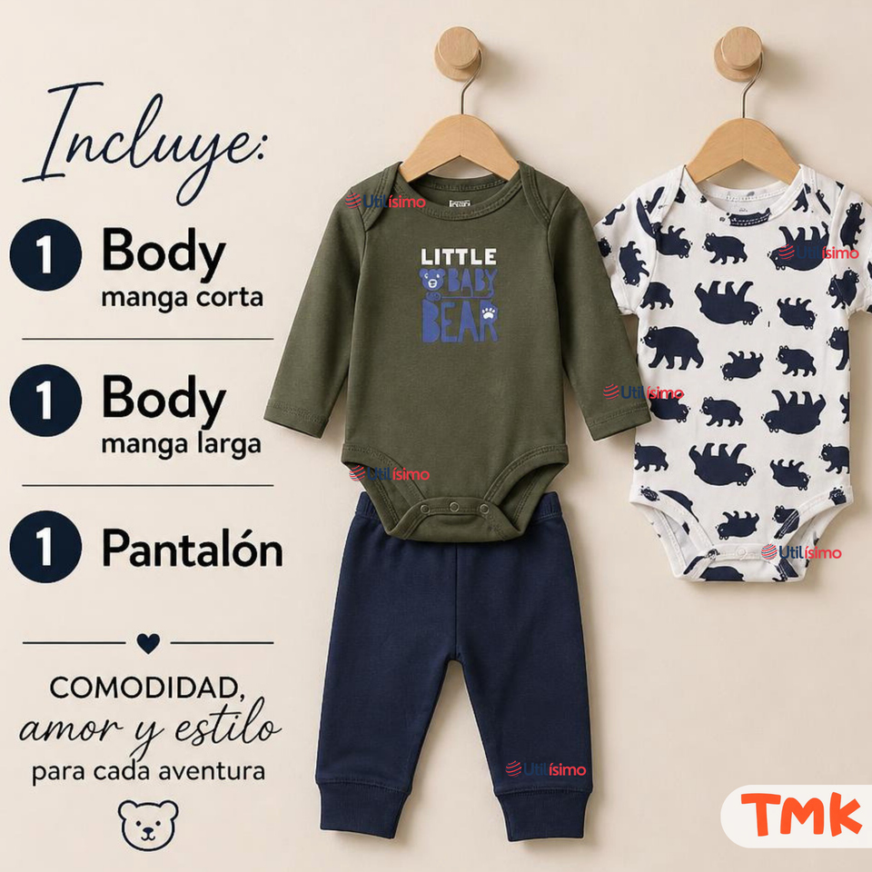 Conjunto 3 Piezas 100% Algodón Tedmimak Niño Baby Bear