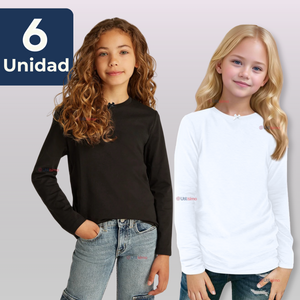 Pack 6 Camisetas Algodón Manga Larga Polera Niña Primera Capa Cuello Redondo Negro y Blanca