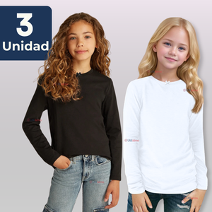 Pack 3 Camisetas Algodón Manga Larga Polera Niña Primera Capa Cuello Redondo Negro y Blanca