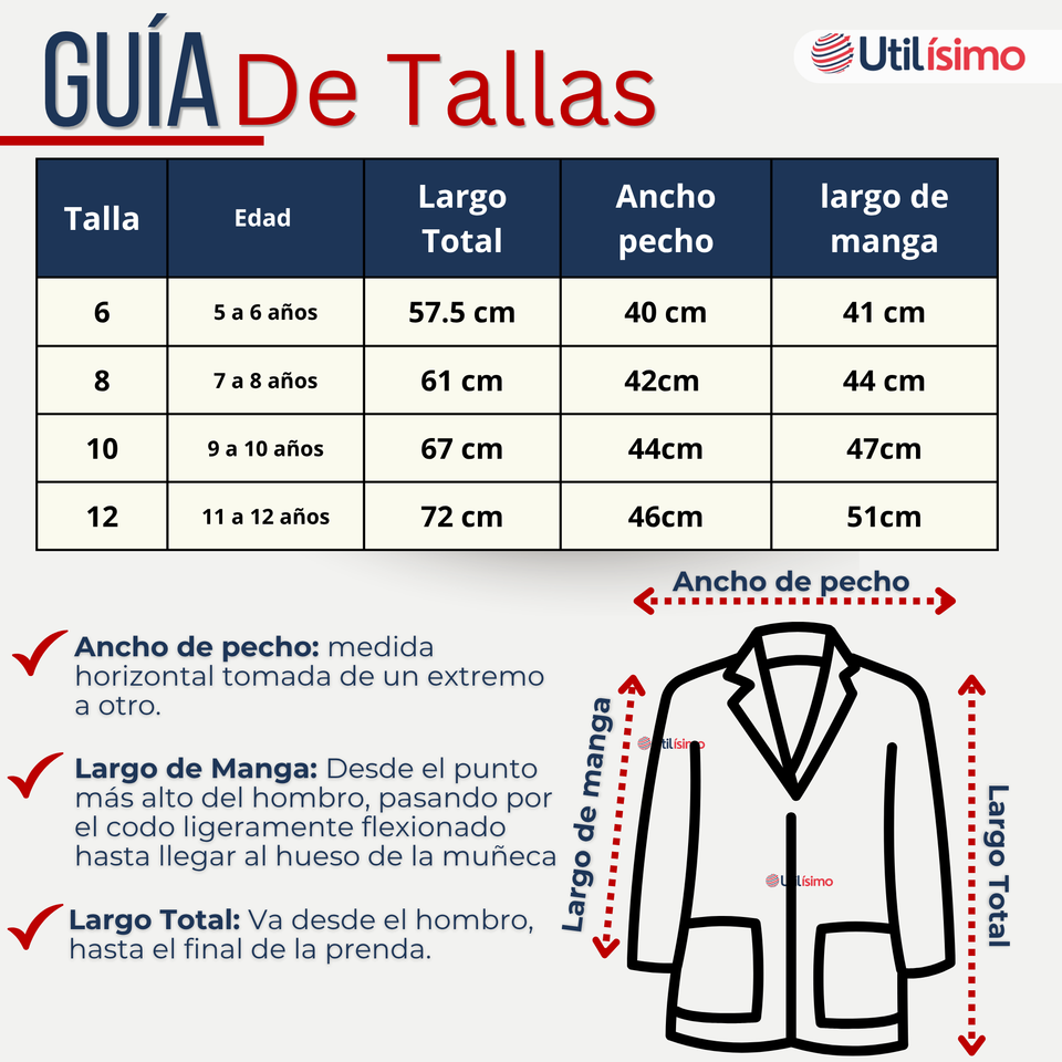 Cotona Delantal Blanca Escolar Colegio Unisex Niño Niña Manga Larga