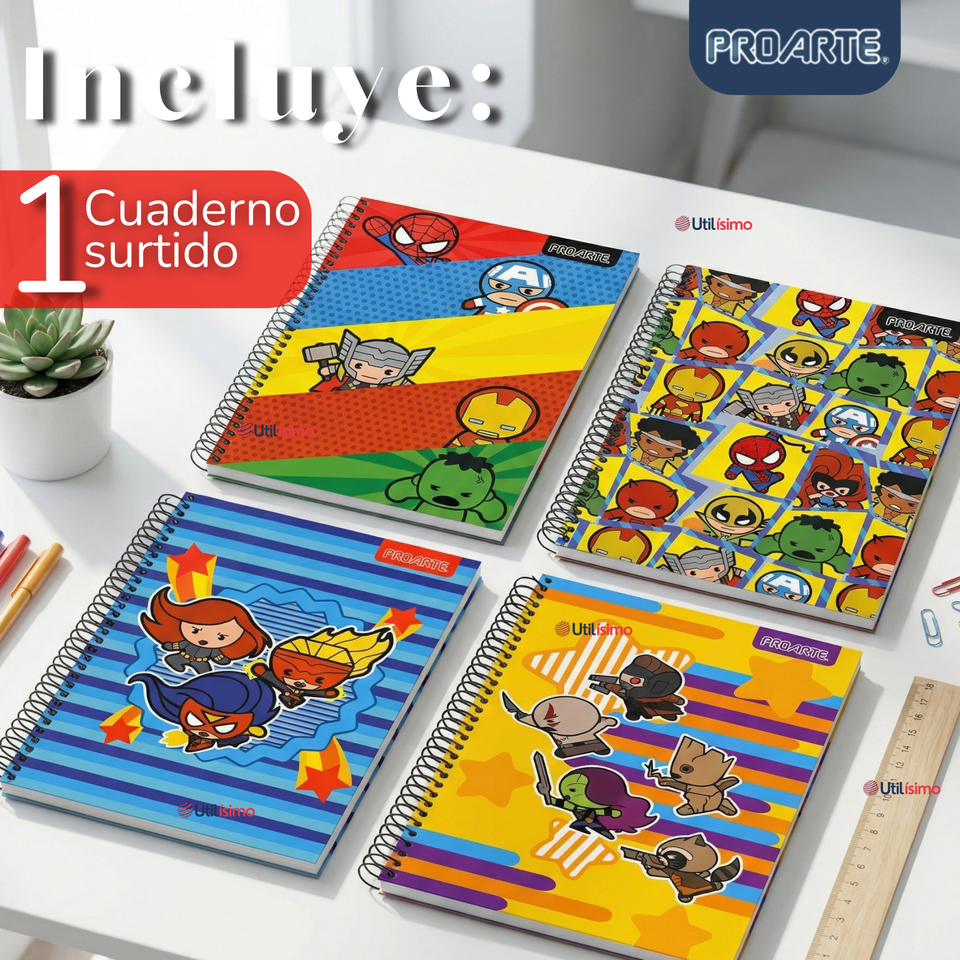 Cuaderno Universitario Marvel Heroes Kawaii 150 Hojas Tapa Gruesa Proarte Diseño Surtido