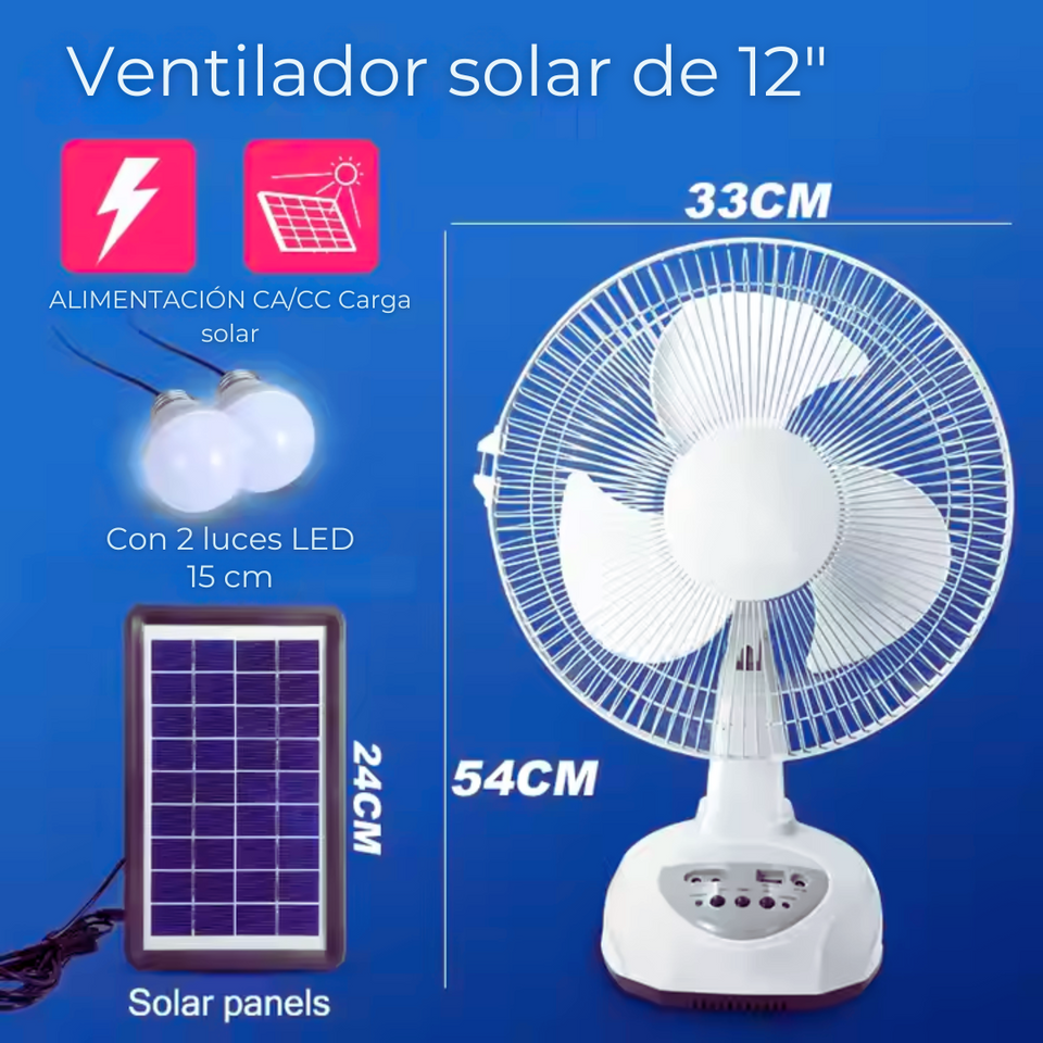 Ventilador Recargable con Panel Solar Puerto USB Luz LED 2 Ampollas Gratis