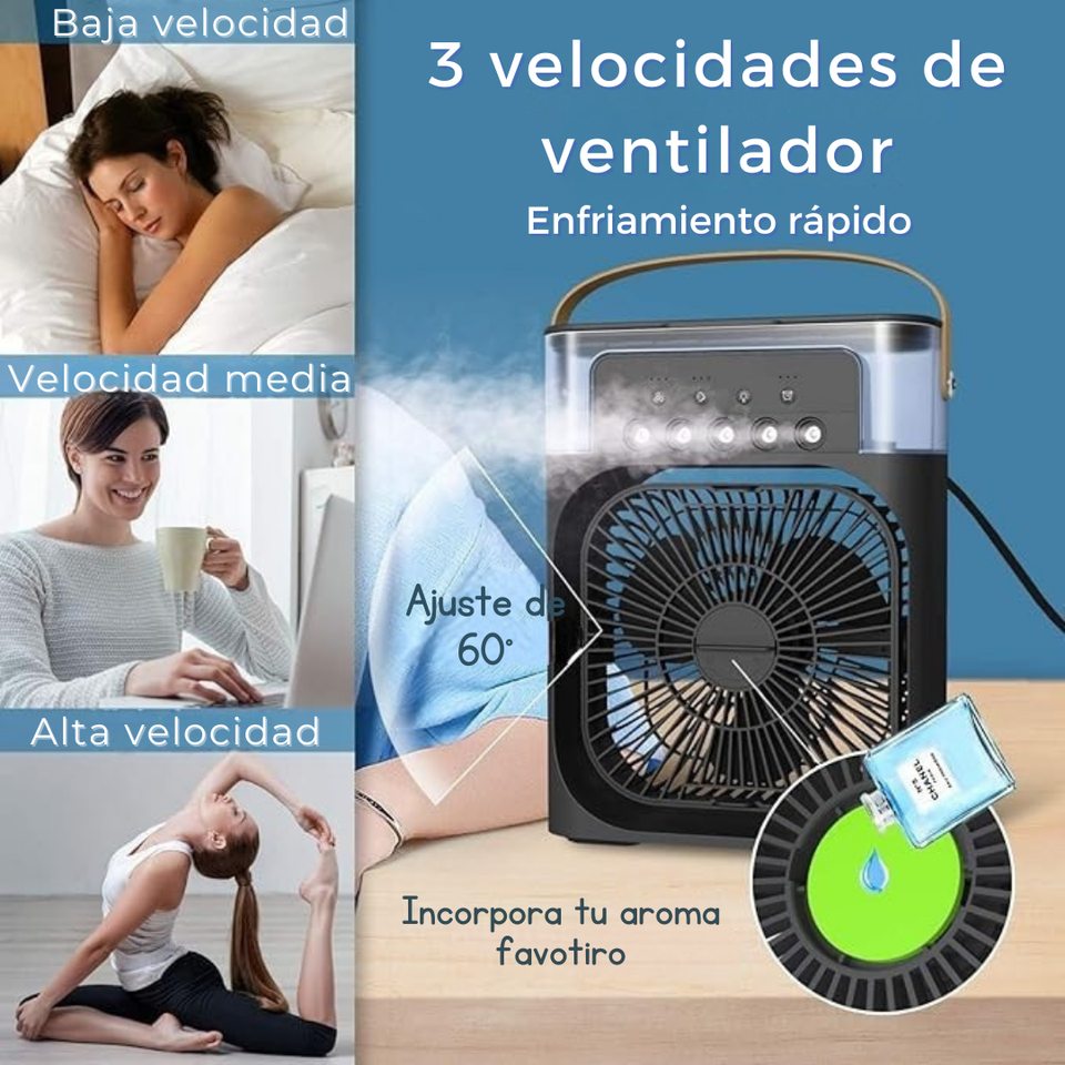 Climatizador Portátil Frío 4 en 1 Ventilador Humificador Enfriador Lampara LED 220v USB Negro