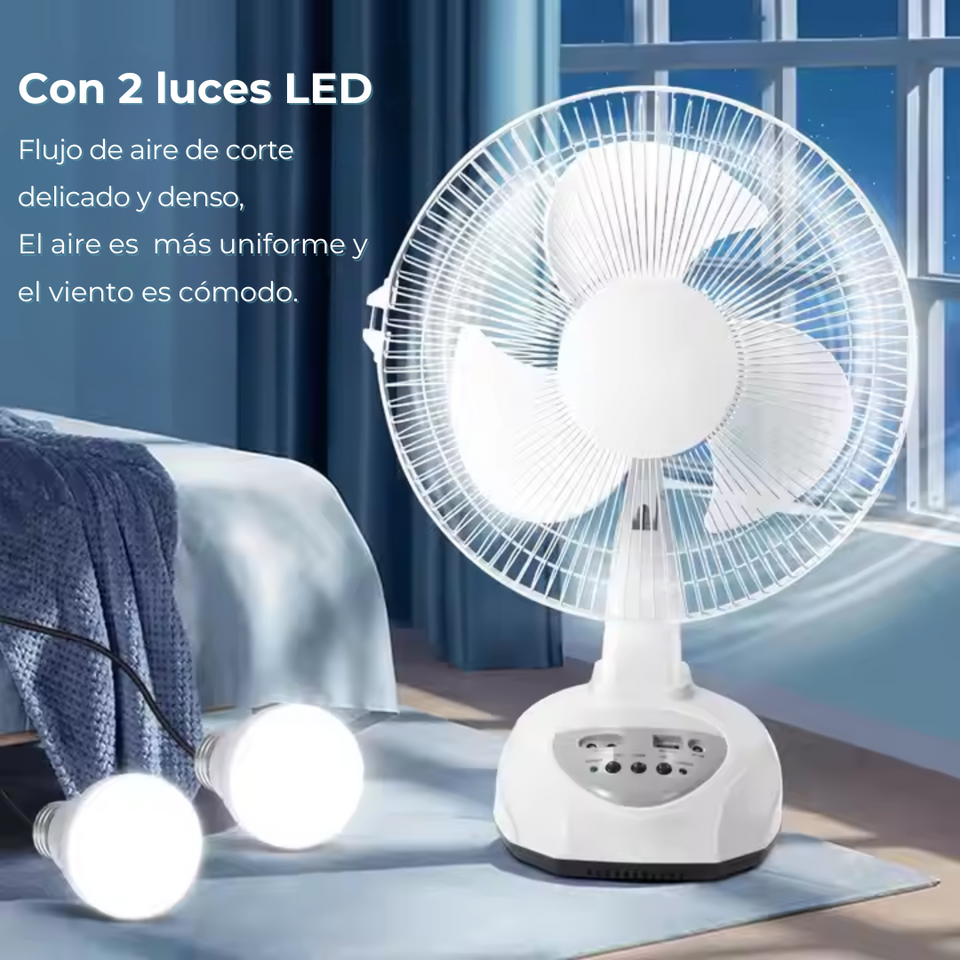 Ventilador Recargable con Panel Solar Puerto USB Luz LED 2 Ampollas Gratis