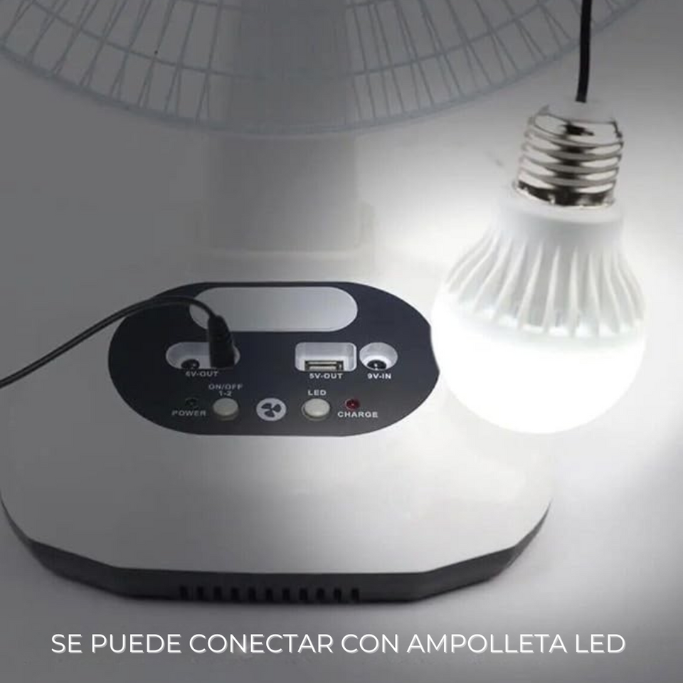 Ventilador Recargable con Panel Solar Puerto USB Luz LED 2 Ampollas Gratis