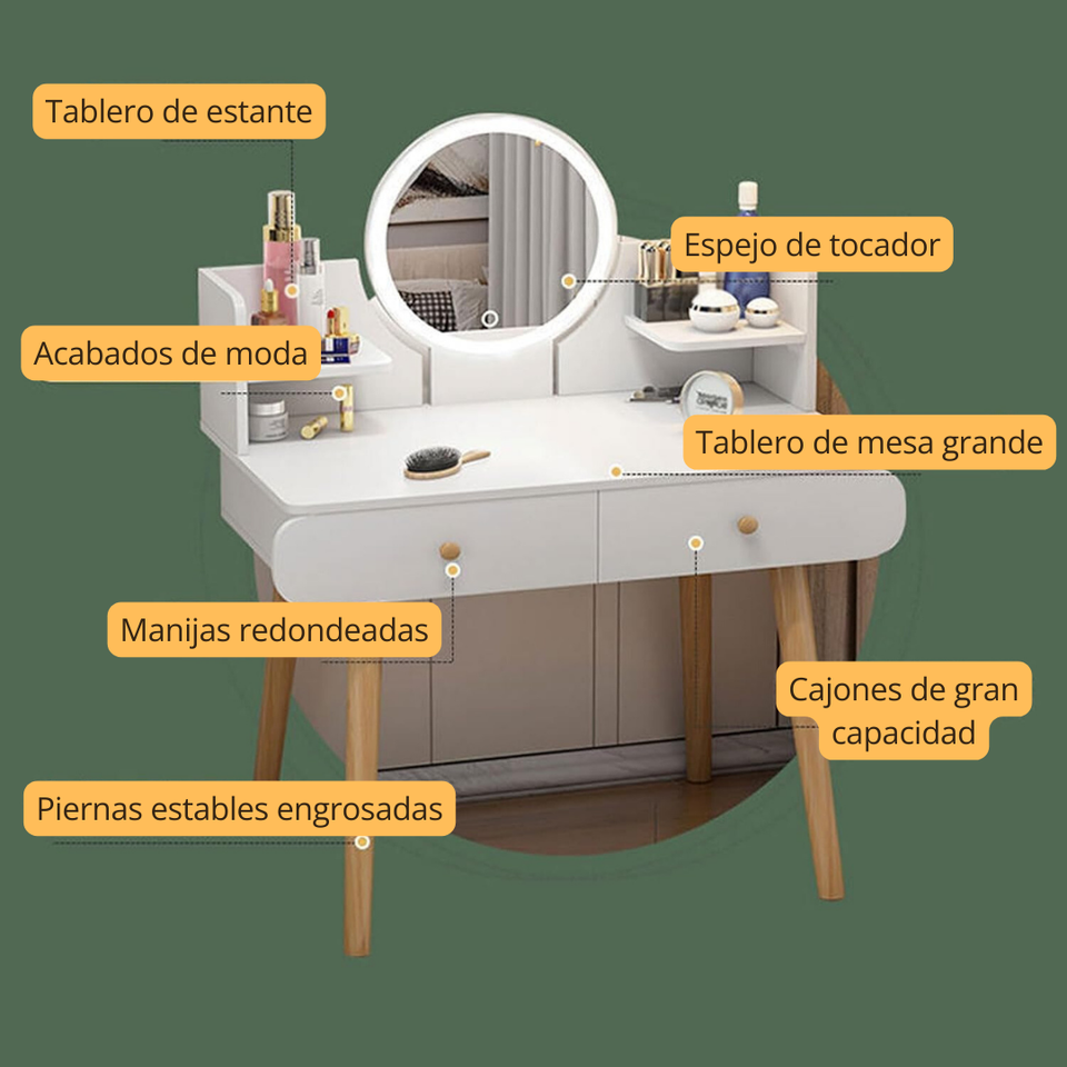 Peinadora Tocador De Madera Con Espejo y luz Incluye Taburete