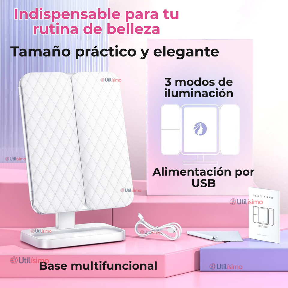 Espejo De Maquillaje Tri Plegable Con Luces LED Recargable