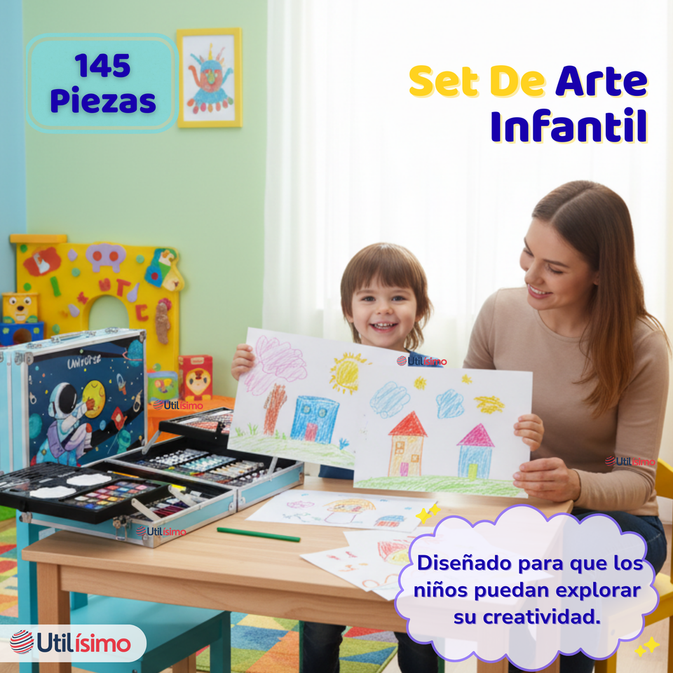 Set 145 Piezas Arte Infantil Dibujo Maletín Metálico Completo Incluye Lápices Marcadores Pinturas Pasteles Y Accesorios