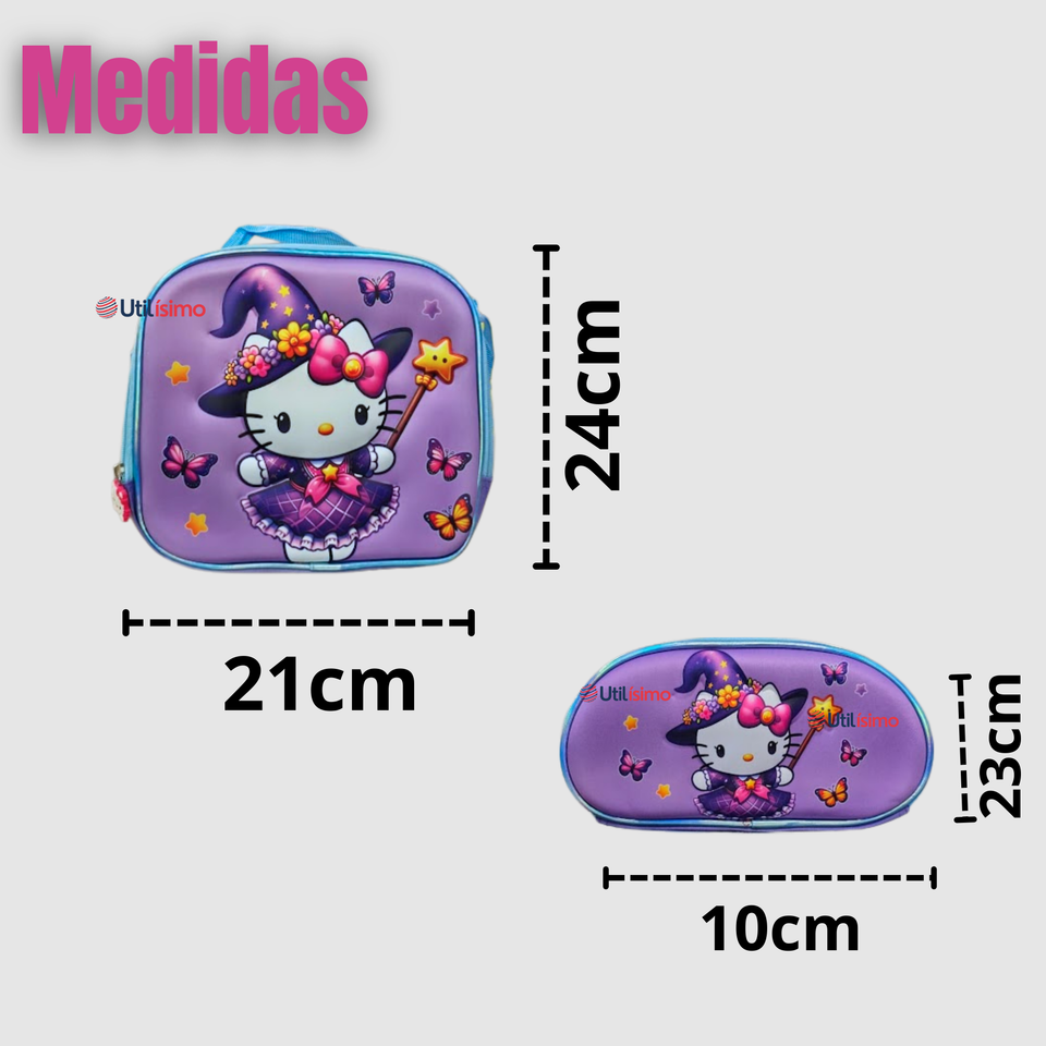Mochila Hello Kitty Escolar Con Ruedas + Estuche + Lonchera Desmontable Poliéster Lila Niña