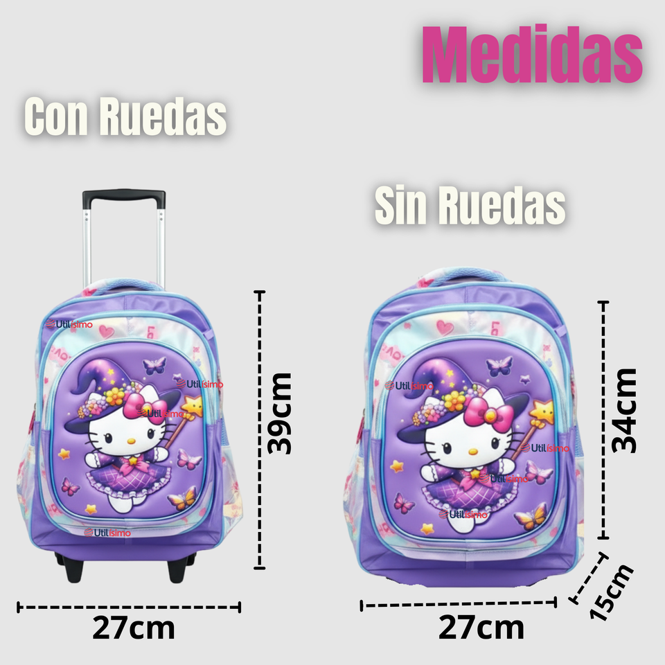 Mochila Hello Kitty Escolar Con Ruedas + Estuche + Lonchera Desmontable Poliéster Lila Niña