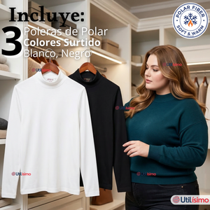 Pack 3 Camisetas Polera Polar Primera Capa Cuello Beatle  Manga Larga Blanco Negro Mujer