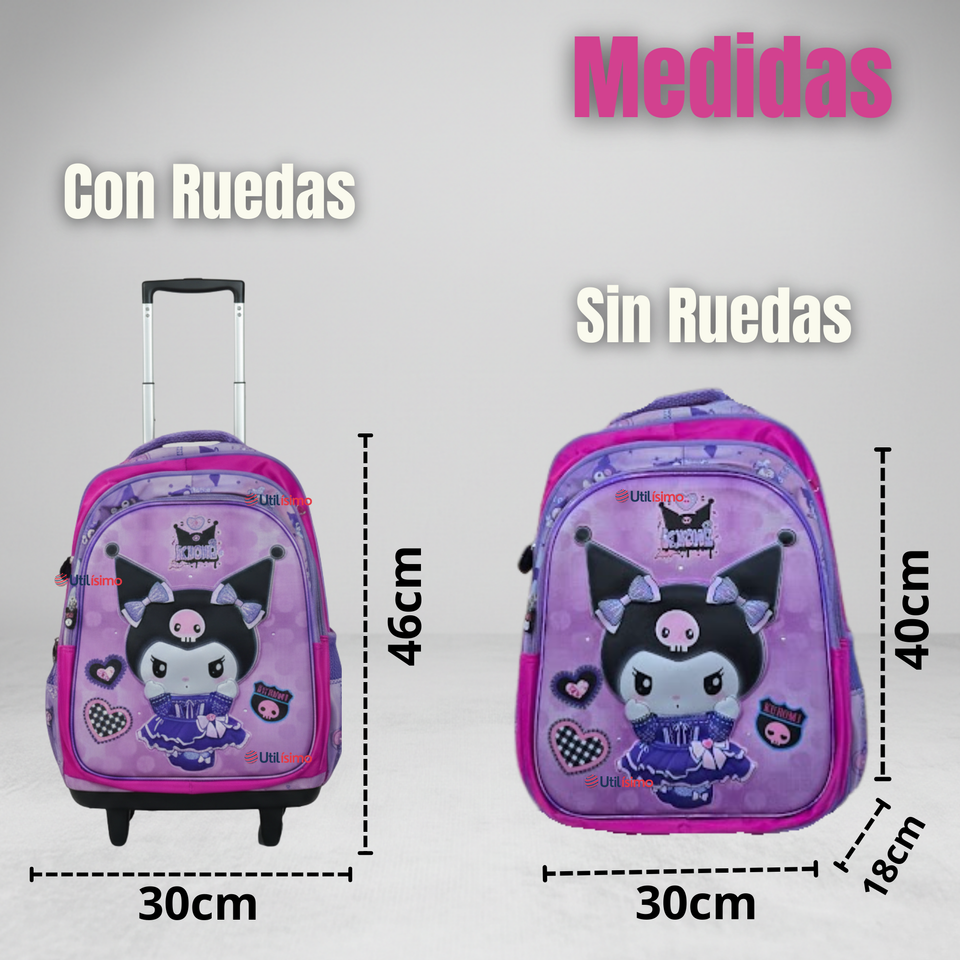 Mochila Kuromi Escolar Con Ruedas + Estuche + Lonchera Desmontable Poliéster Lila Niña