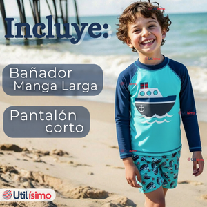 Traje de Baño Manga Larga Pantalón Corto 2 Piezas Corte Split Niño 3 a 9 años Blue Boat