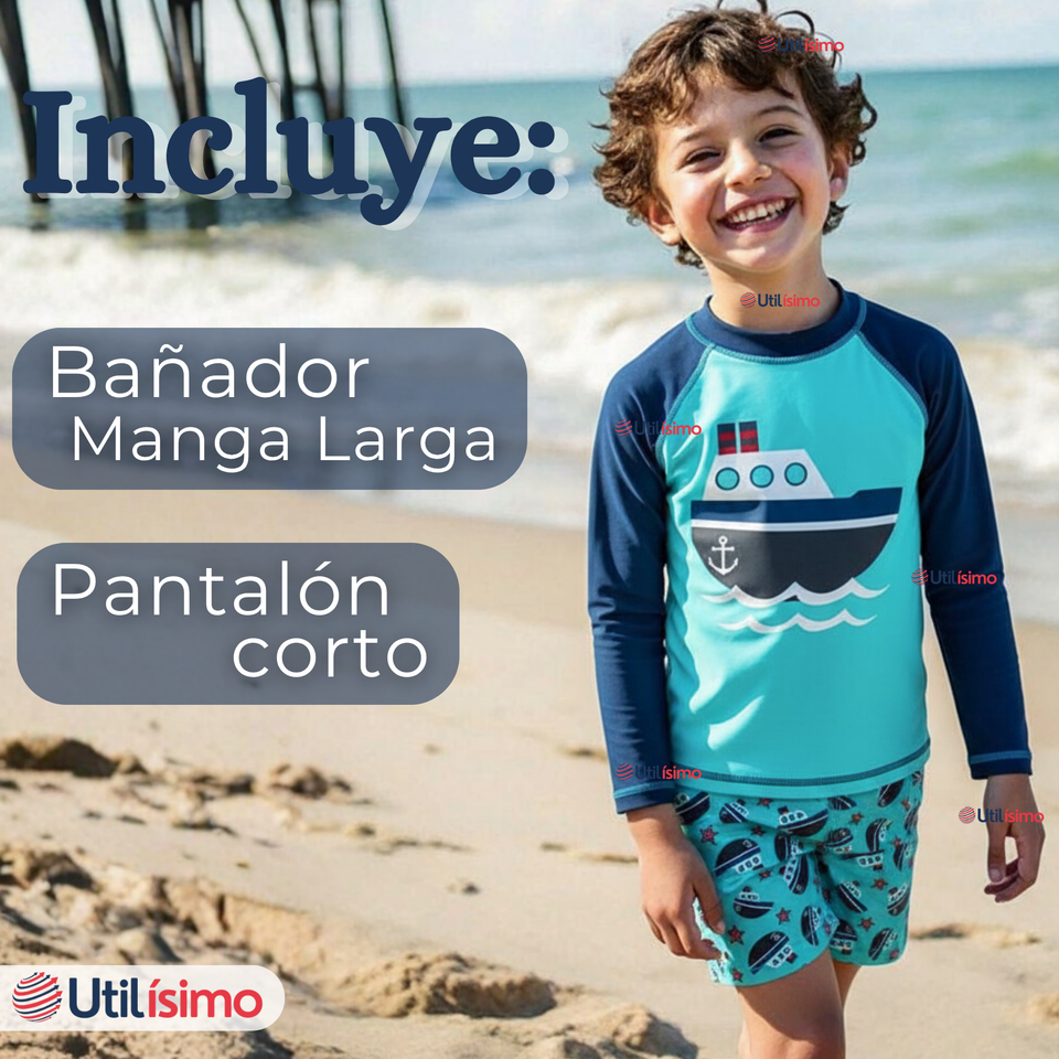 Traje de Baño Manga Larga Pantalón Corto 2 Piezas Corte Split Niño 3 a 9 años Blue Boat