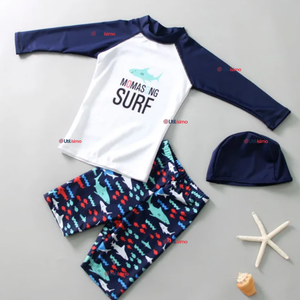 Traje de Baño Con Gorro Pantalón Corto Manga Larga 3 Piezas Corte Split Niño 3 a 9 años Blue Surf