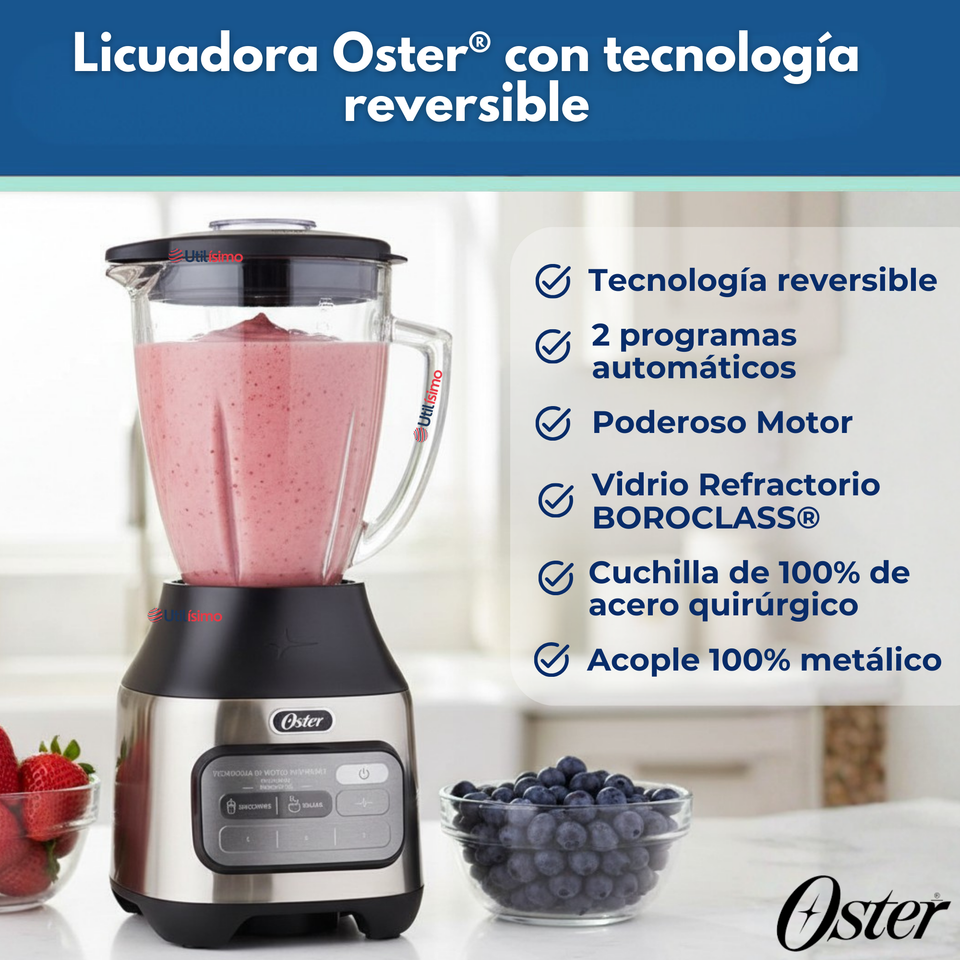 Licuadora Oster® con tecnología reversible, 2 programas automáticos y 3 velocidades más pulso