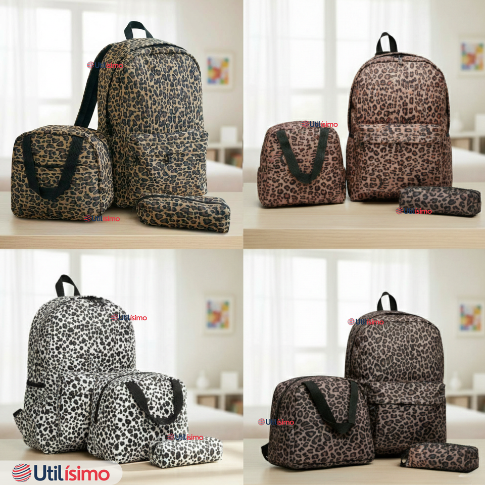 Mochila Bolso Animal Print Con Estampado De Leopardo + Lonchera + Estuche Escolar Niña 42Cm