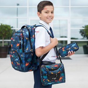 Mochila Bolso Escolar + Lonchera + Estuche 45Cm Niño Tela Oxford Dinosaur