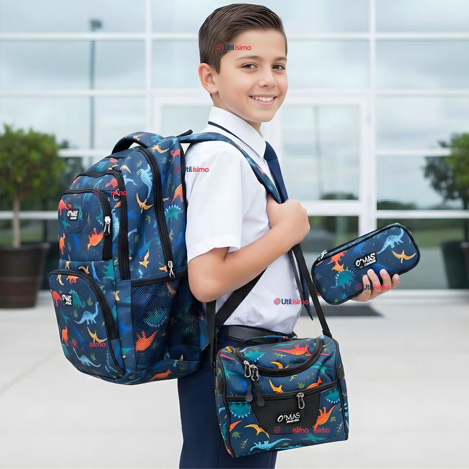 Mochila Bolso Escolar + Lonchera + Estuche 45Cm Niño Tela Oxford Dinosaur