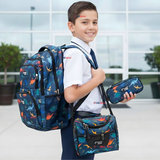 Mochila Bolso Escolar + Lonchera + Estuche 45Cm Niño Tela Oxford Dinosaur