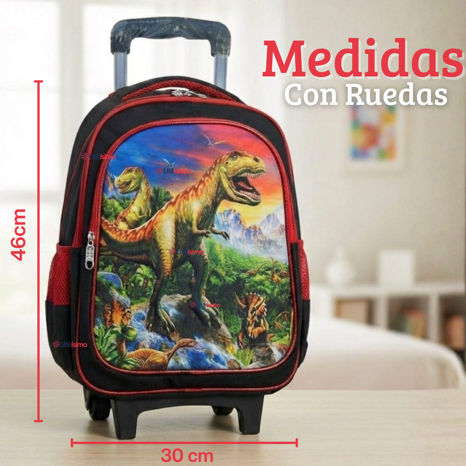 Mochila Escolar Con Ruedas Desmontables Diseño 3D + Estuche + Lonchera Niño Poliéster Dinosaur