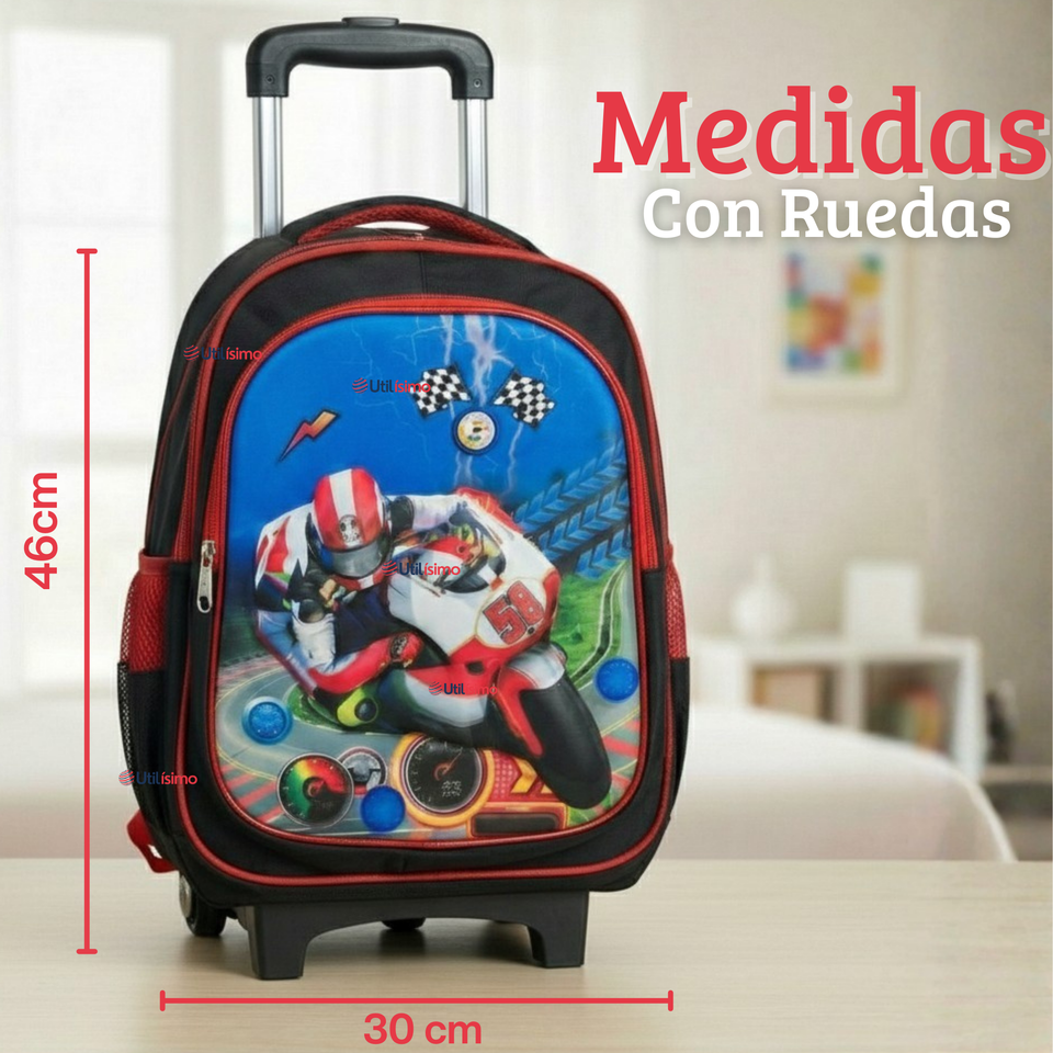 Mochila Escolar Con Ruedas Desmontables Diseño 3D + Estuche + Lonchera Niño Poliéster Motorcycle