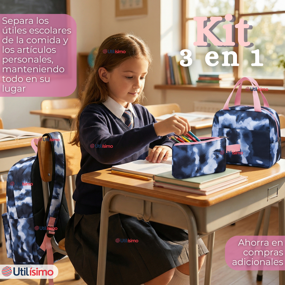 Mochila Escolar + Estuche + Lonchera 43cm Tela Oxford Azul Oscuro Niña
