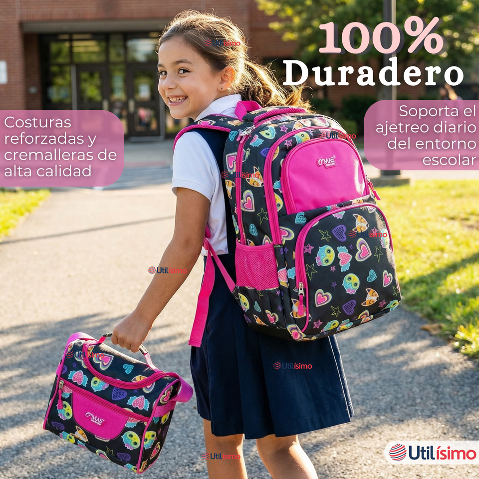 Mochila Escolar + Estuche + Lonchera 43cm Tela Oxford Negro Corazones Niña