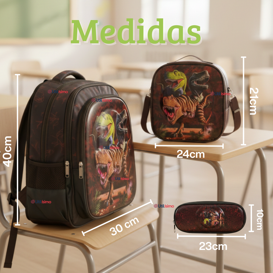 Mochila Escolar Bolso Con Efecto 3D Estuche + Lonchera 40Cm Tela Oxford Niño Dark Dinosaur