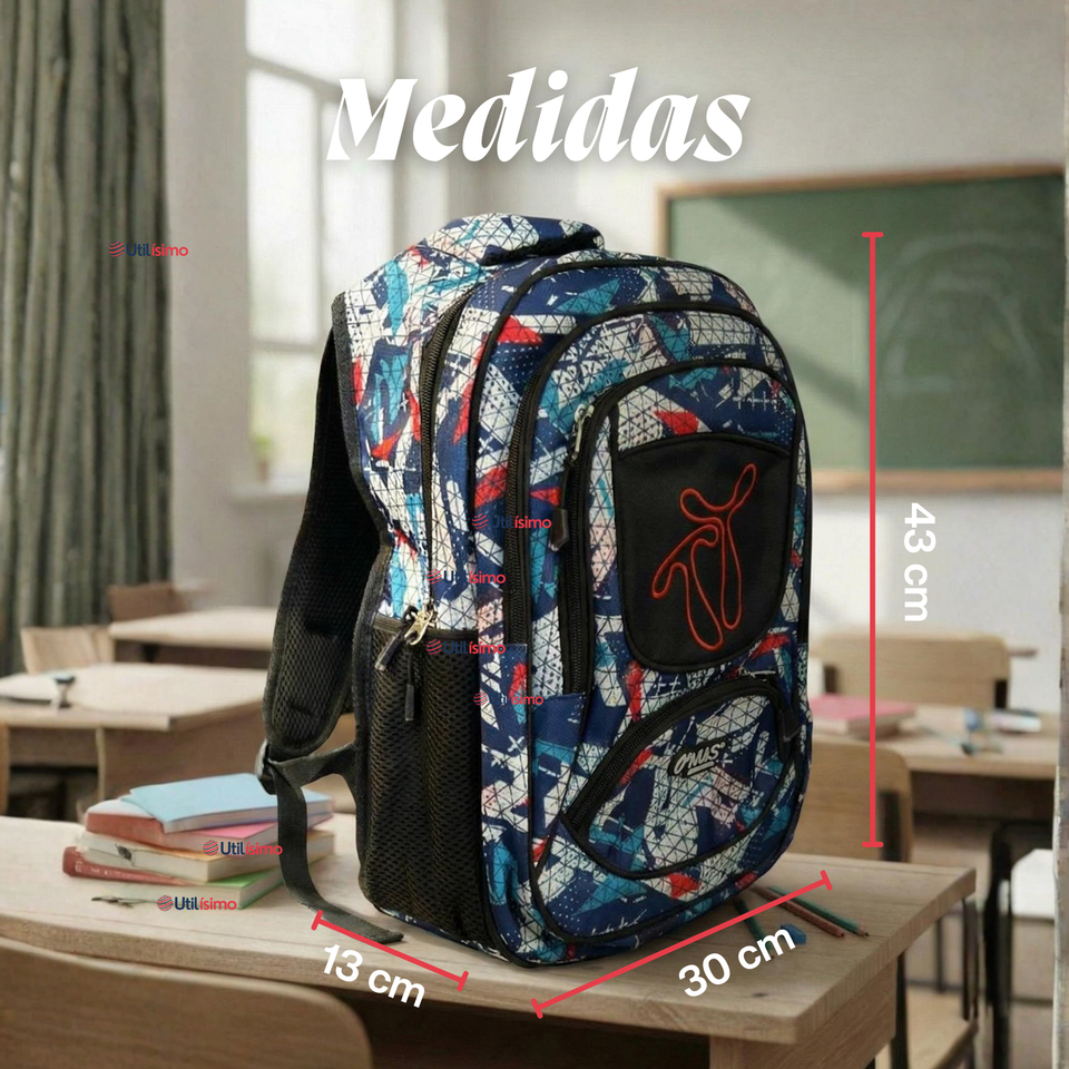 Mochila Escolar Bolso Con Estuche 43Cm Tela Oxford Niño Design Geometric