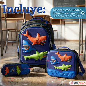 Mochila Escolar Con Ruedas + Estuche + Lonchera 46cm Desmontable Poliéster Azul Tiburón Niño