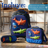 Mochila Escolar Con Ruedas + Estuche + Lonchera 46cm Desmontable Poliéster Azul Tiburón Niño