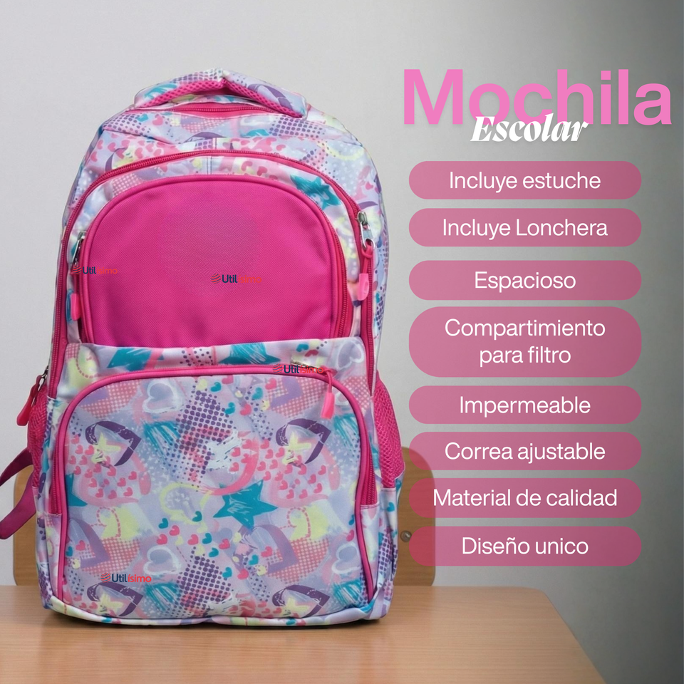 Mochila Bolso Escolar + Estuche + Lonchera 43Cm Niña Tela Oxford Pastel Dreams