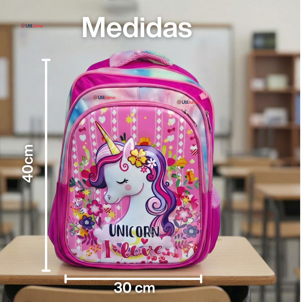 Mochila Bolso Escolar Diseño 3D + Estuche + Lonchera 40Cm Niña Tela Oxford Unicorn Love