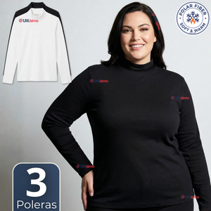 Pack 3 Camisetas Polera Polar Primera Capa Cuello Beatle  Manga Larga Blanco Negro Mujer