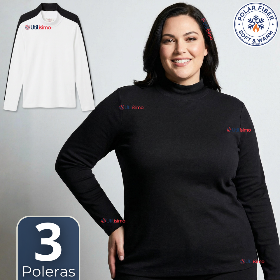 Pack 3 Camisetas Polera Polar Primera Capa Cuello Beatle  Manga Larga Blanco Negro Mujer