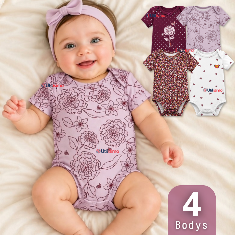 Pack 4 Bodys Manga Corta 100% Algodón Tedmimak Bebé Niña Violet