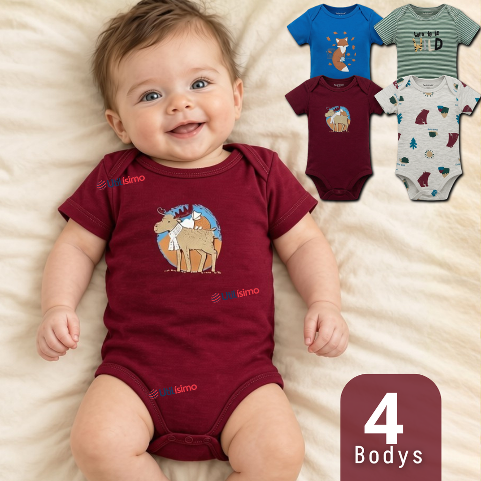 Pack 4 Bodys Manga Corta 100% Algodón Tedmimak Bebé Niño Forest