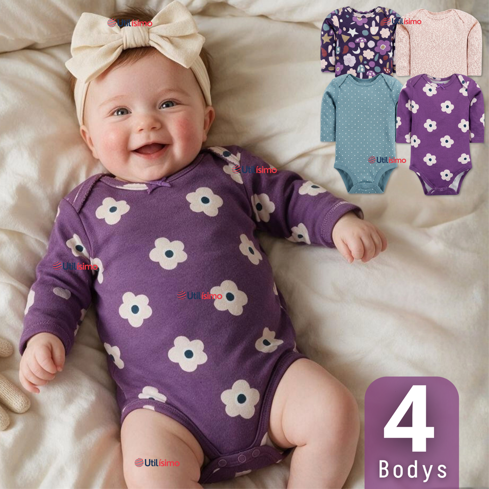 Pack 4 Bodys Manga Larga %100 Algodón Tedmimak Niña Little Violet