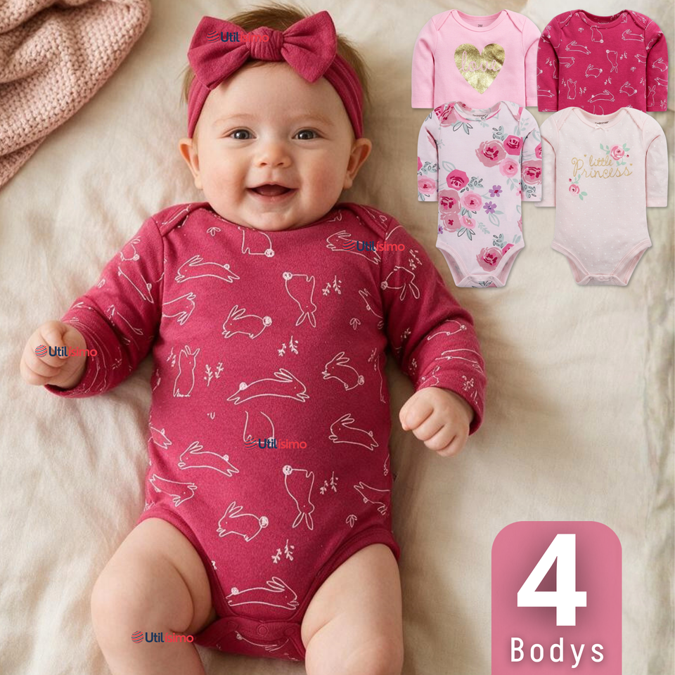 Pack 4 Bodys Manga Larga %100 Algodón Tedmimak Niña Baby Pink