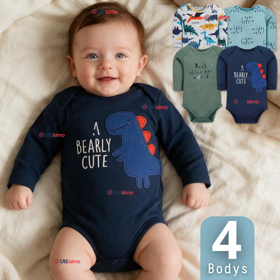 Pack 4 Bodys Manga Larga %100 Algodón Tedmimak Niño Baby Dino