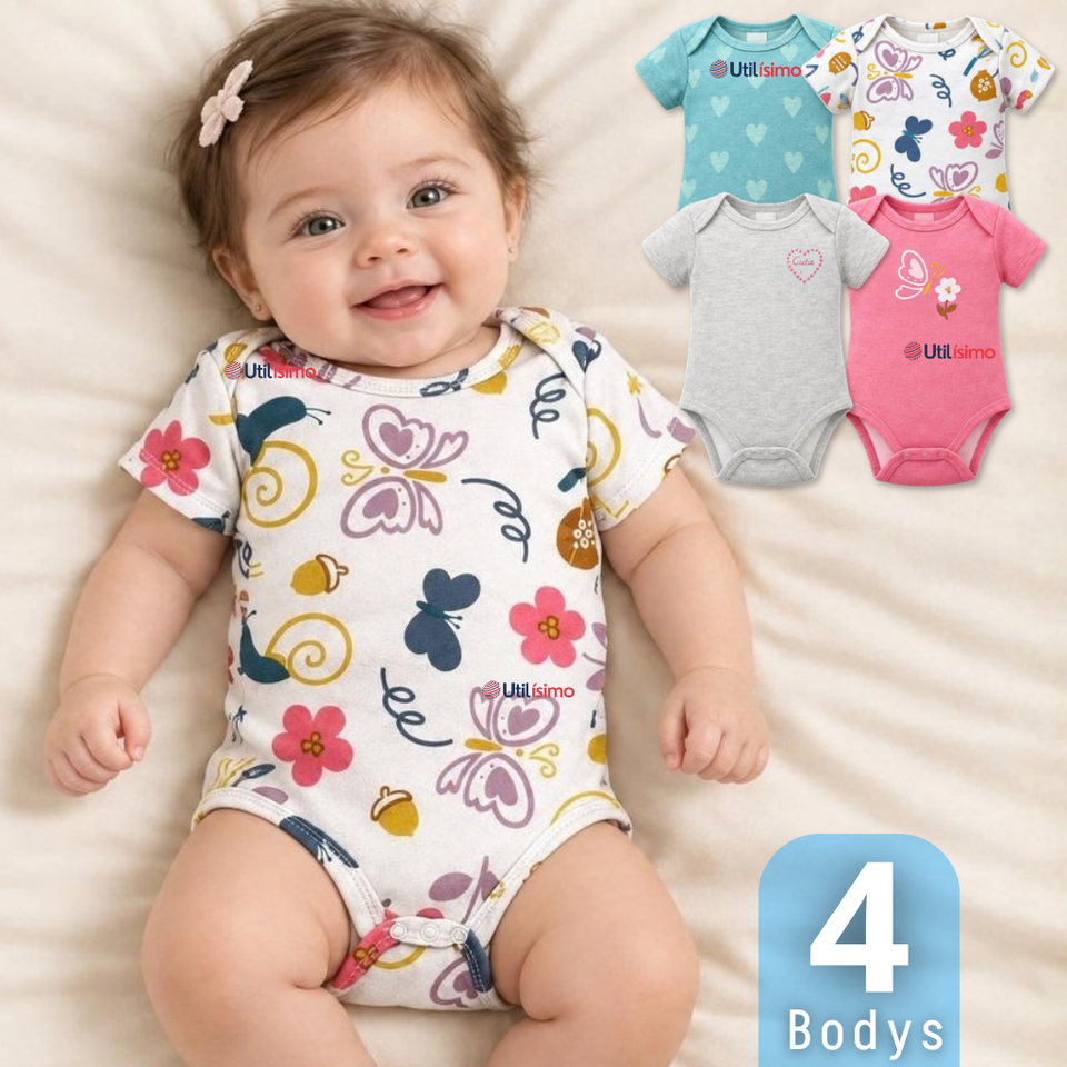 Pack 4 Bodys Manga Corta 100% Algodón Tedmimak Bebé Niña Butterfly