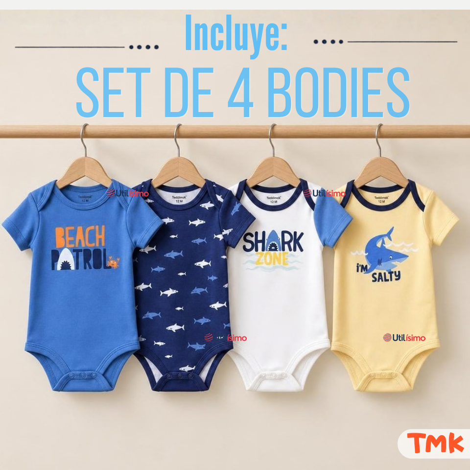 Pack 4 Bodys Manga Corta 100% Algodón Tedmimak Bebé Niño Shark