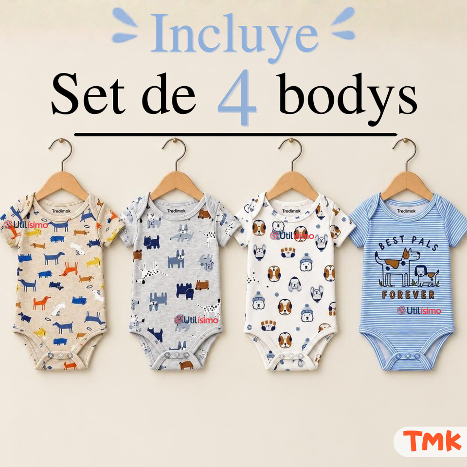 Pack 4 Bodys Manga Corta 100% Algodón Tedmimak Bebé Niño Best Pals