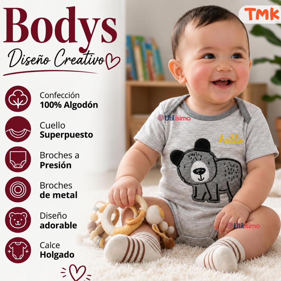 Pack 4 Bodys Manga Corta 100% Algodón Tedmimak Bebé Niño Bear