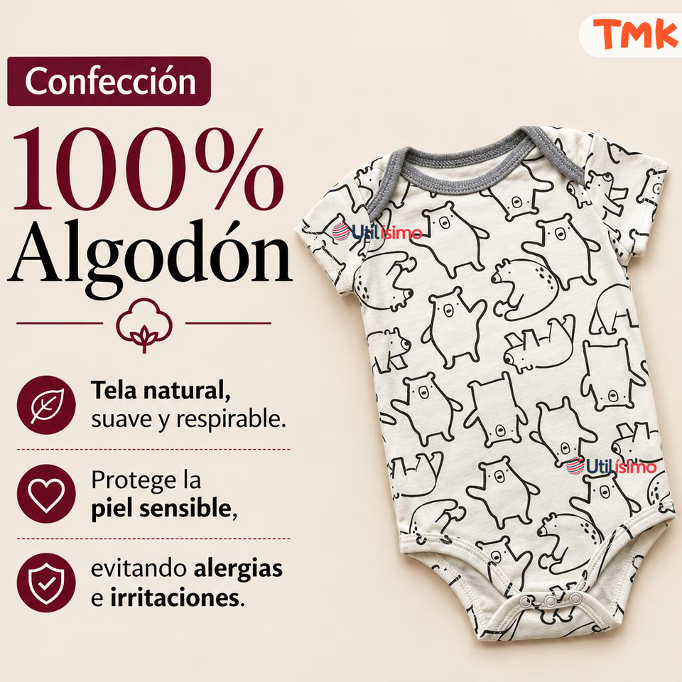 Pack 4 Bodys Manga Corta 100% Algodón Tedmimak Bebé Niño Bear