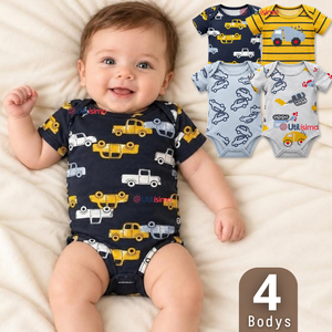Pack 4 Bodys Manga Corta 100% Algodón Tedmimak Bebé Niño Car & Truck