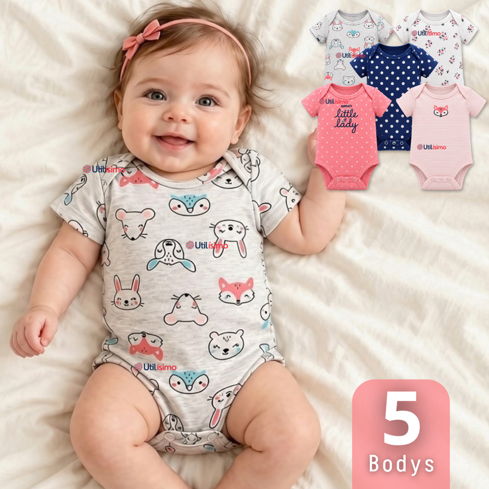 Pack 5 Bodys Manga Corta 100% Algodón Tedmimak Bebé Niña Tiny Animals