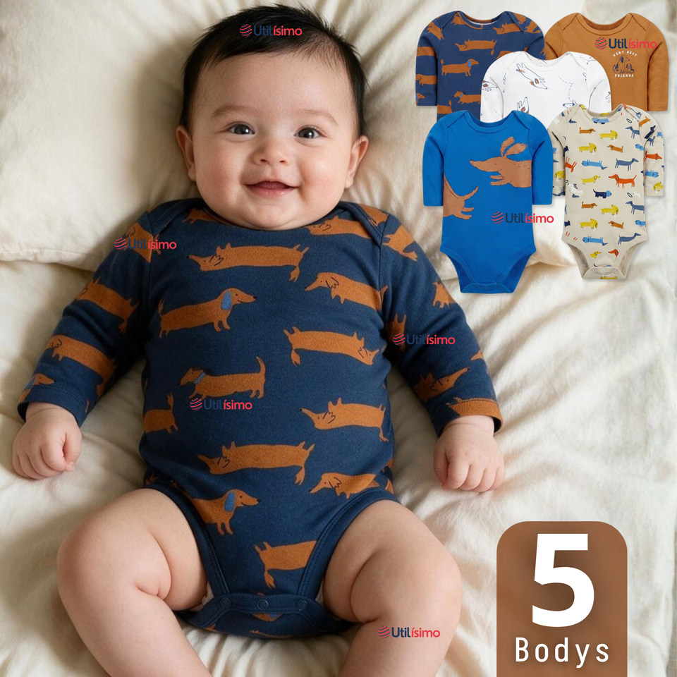 Set 5 Bodys Modelos Surtidos Manga Larga Algodón Niño