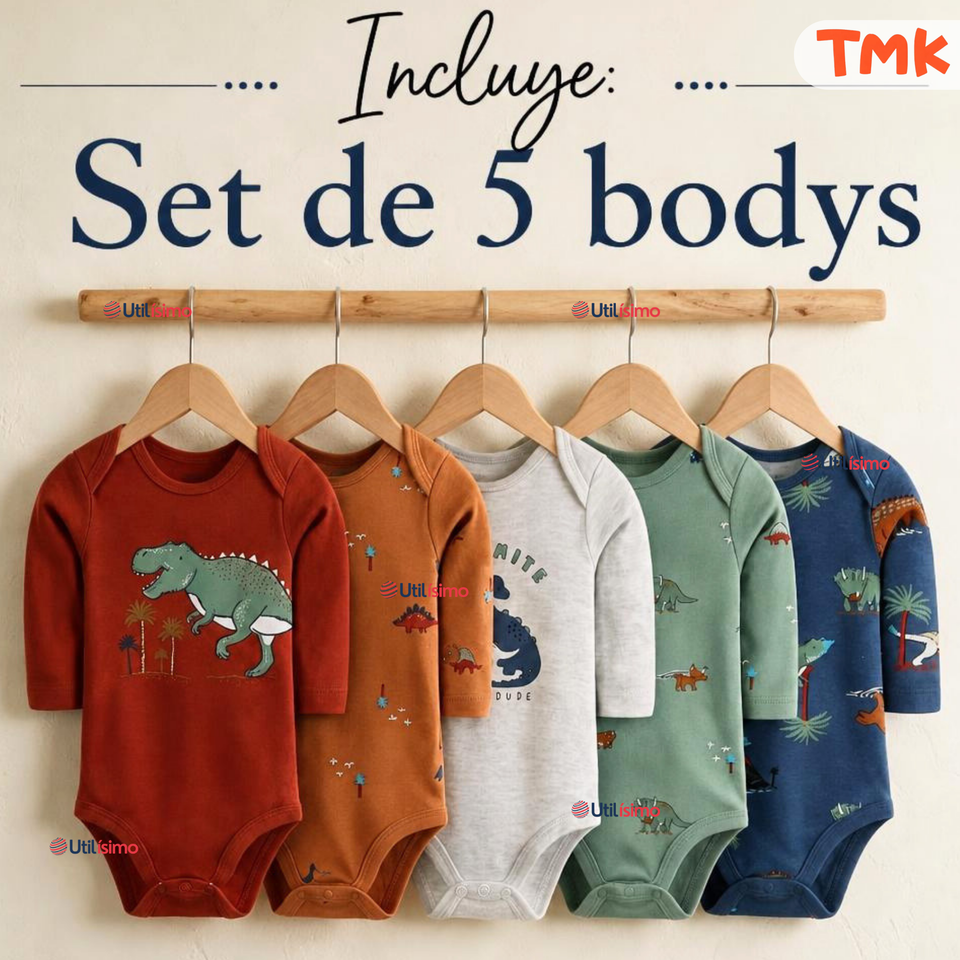Set 5 Bodys Modelos Surtidos Manga Larga Algodón Niño